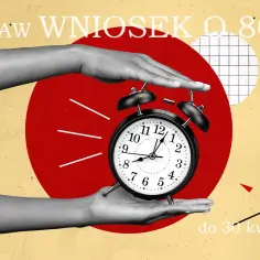 Dwie dłonie trzymają budzik na tle czerwonego koła i tekstu "Popraw wniosek o 800+".