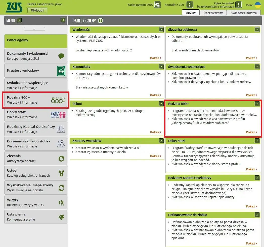 wniosek 800 plus online ZUS